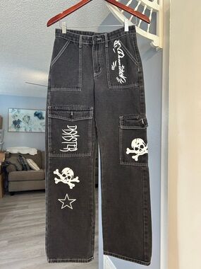 ROMWE Black Goth Cargo Y2K Wide Leg Skull Star Disaster Grunge Jeans Size XS